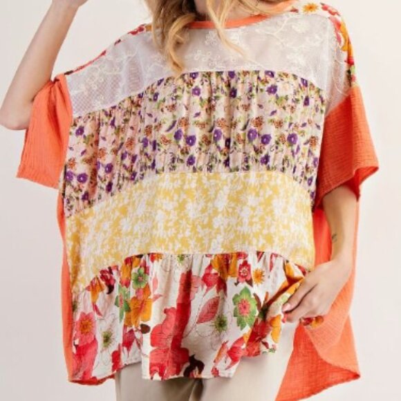 041. FLORAL PRINT MIX MINERAL WASHED COTTON GAUZE TUNIC TOP - Picture 2 of 4